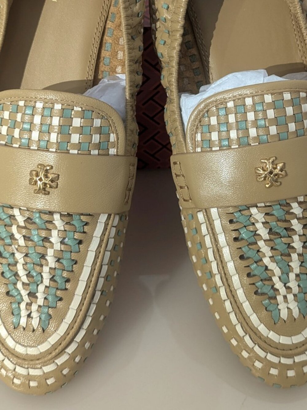 Tory Burch $348 Woven Ballet Loafer Flats Tan Blue SUPER COMFY! - Picture 8 of 12